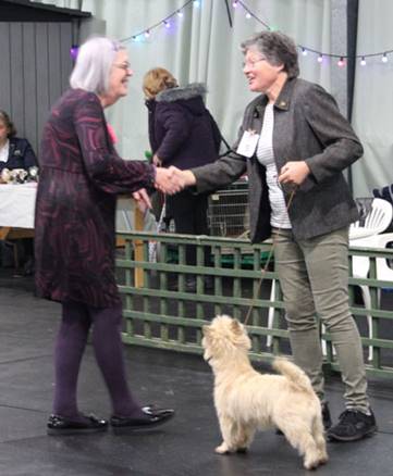 Two women shaking hands with a dog

Description automatically generated